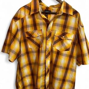 Yellow‎ and brown plaid short sleeve button up shirt 2x